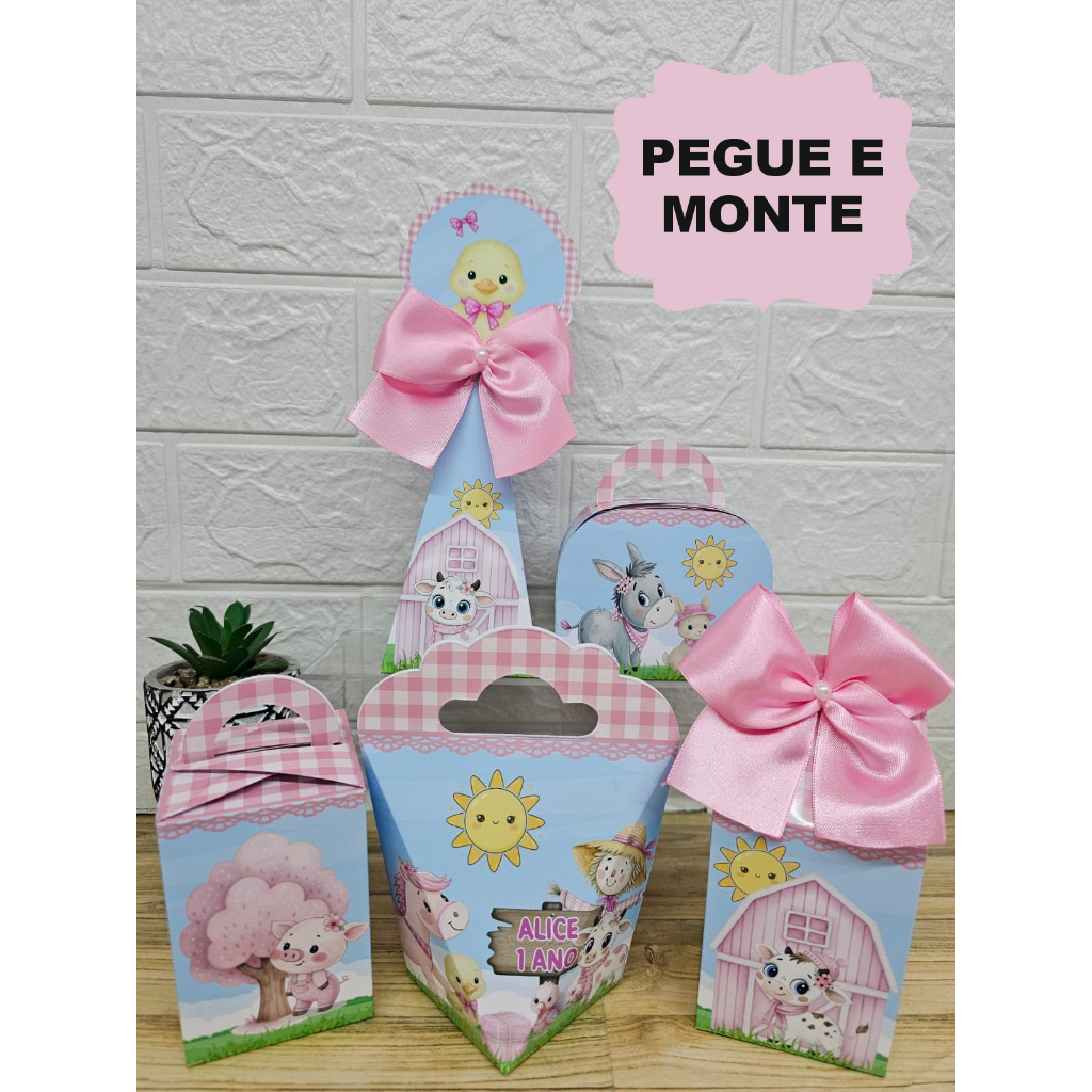 Kit Caixinhas Personalizadas FAZENDINHA MENINA ROSA (PEGUE E MONTE) Lembrancinhas Festa Infantil FAZENDINHA MENINA