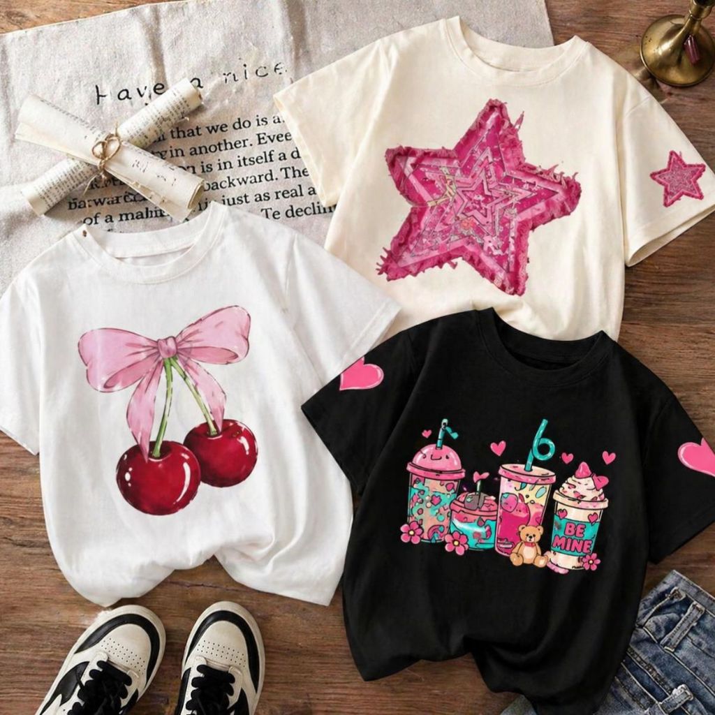 Kit 3 Camisetas Infantis T-Shirt Modinha Blogueira Luxo Menina Algodão Manga Curta Fofa Vintage