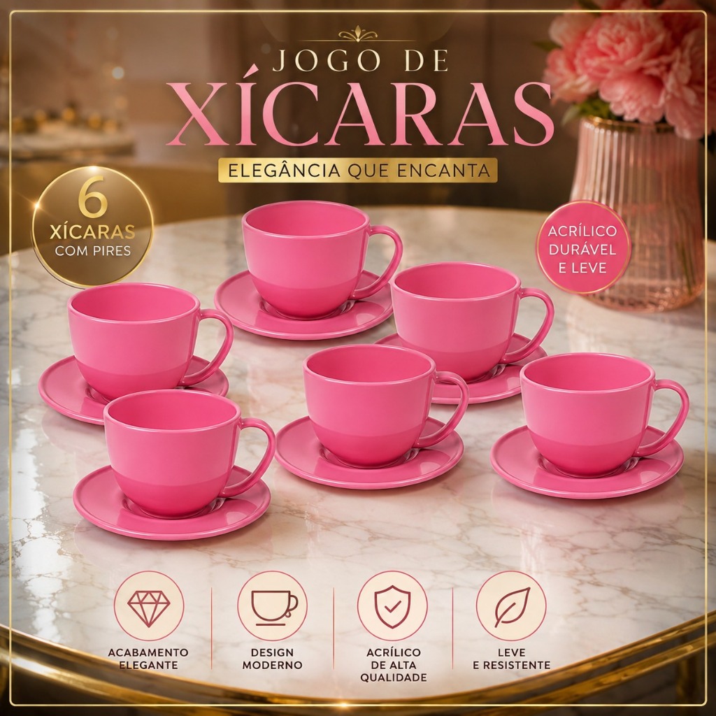 Kit 6 Xícara Rosa 180ml com 6 Pires Rosa em Acrílico - Café Chá Comemoração Casa Cozinha