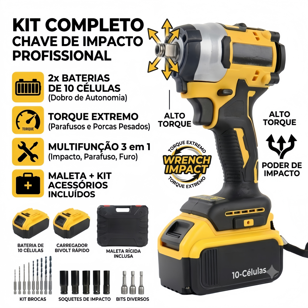 Chave De Impacto Parafusadeira Brushless A Bateria 10 Células  Com Maleta Ou Caixa Bivolt