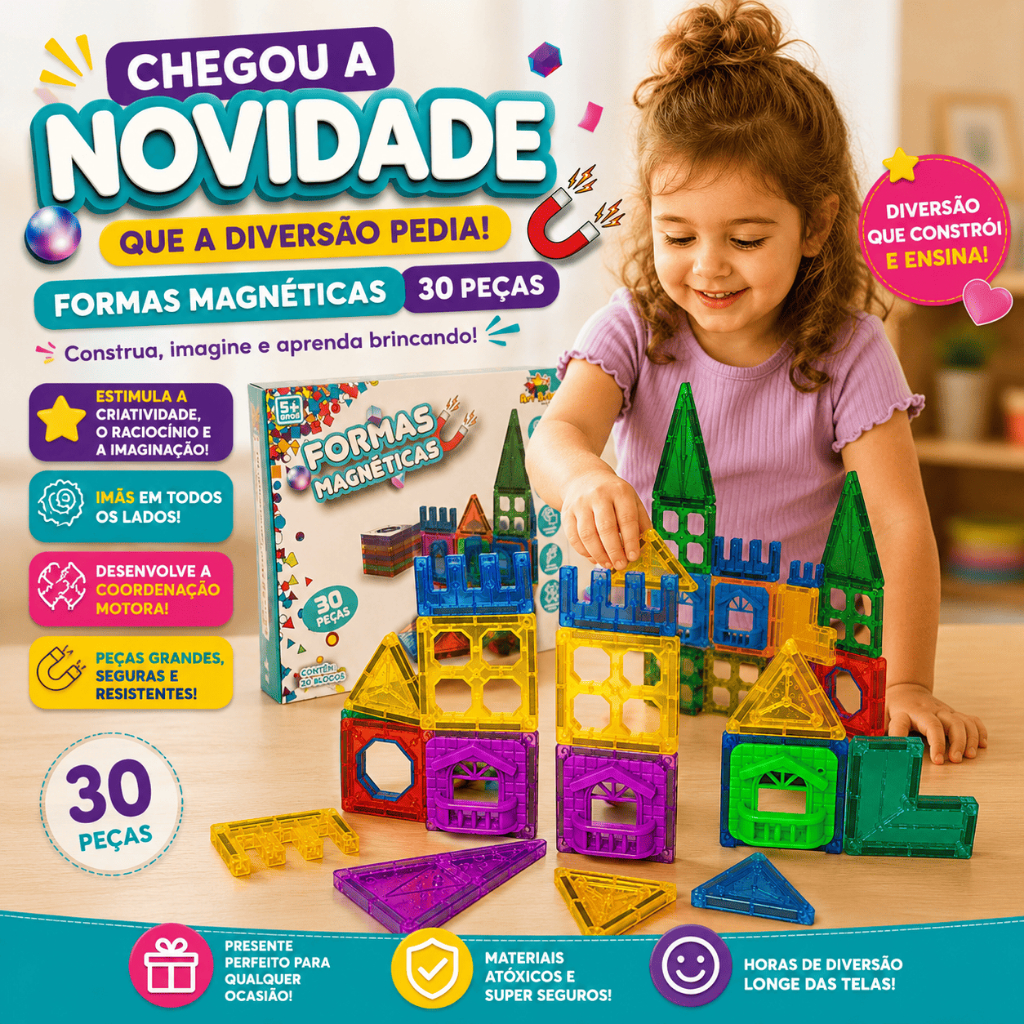 Blocos de Montar Magnéticos Construção Brinquedo Educativo Infantil 20/30 Peças Formas