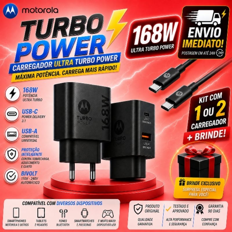 Carregador Motorola Turbo Power 168W USB-C + USB-A Carga Rápida Compatível