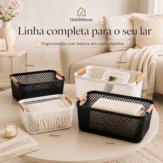 Cesto Organizador Multiuso M e G com Alça Amadeirada para Cozinha Banheiro Closet Despens…