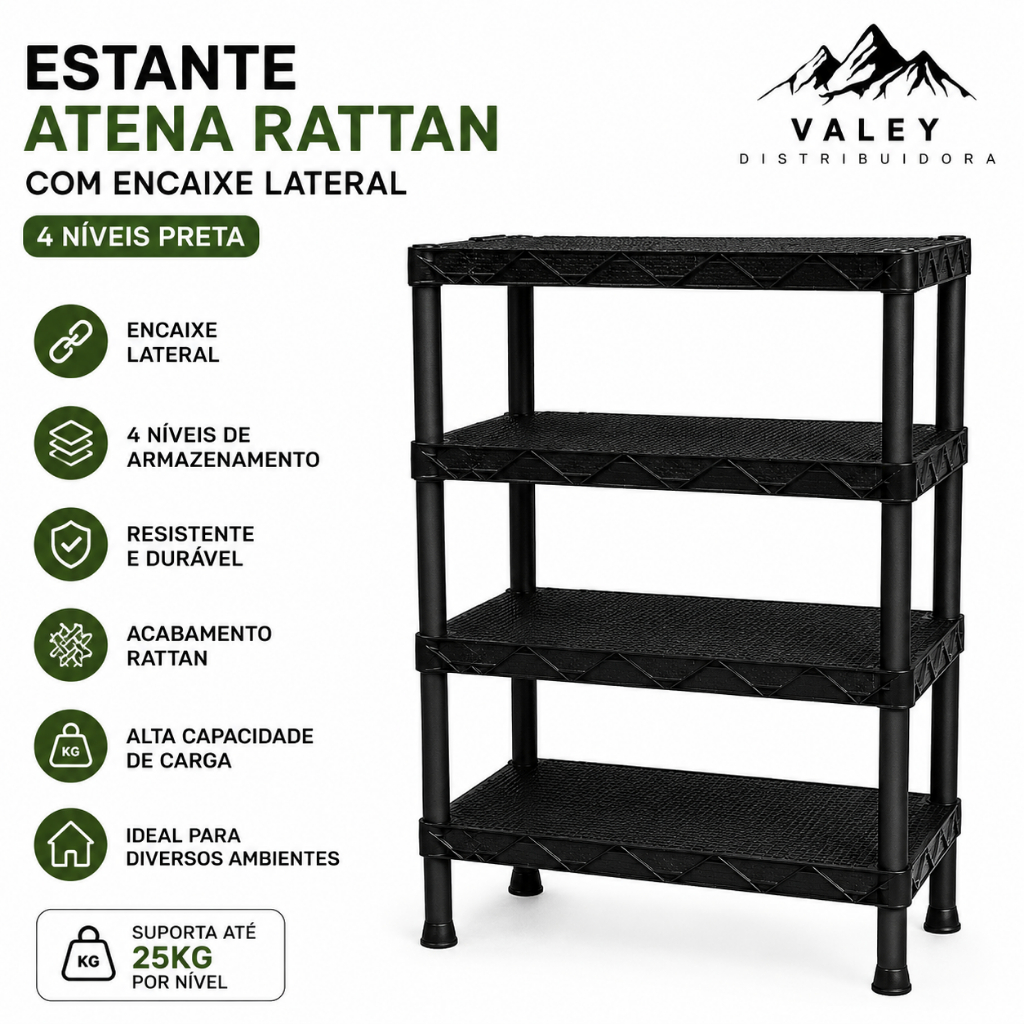 Estante Atena Rattan 4 Niveis Preta Organizador Multiuso Prateleira Plástica Lavanderia Cozinha Banhei
