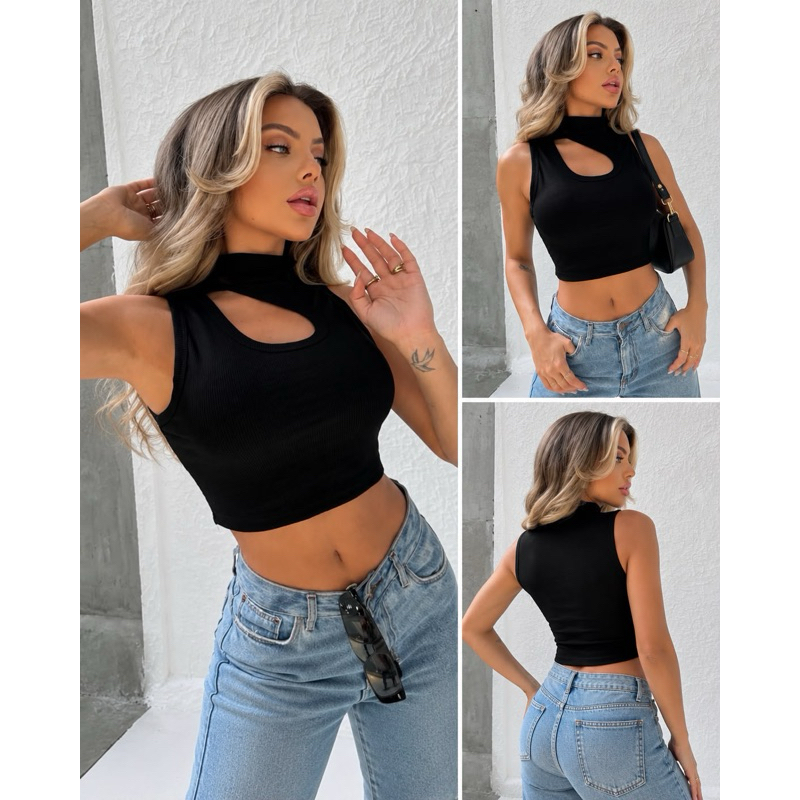 Cropped Feminino Canelado com Gola Alta e Recorte Frontal Regata Justa com Elastano Moda Feminina 💕