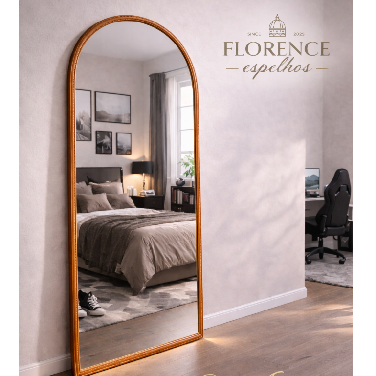 Espelho Verona Oval Base Reta Corpo Inteiro Com Moldura em Couro Premium 120x50 Sala Quarto