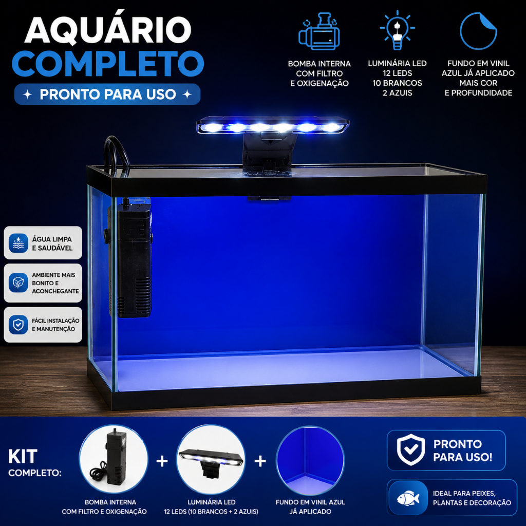 Aquário Grande 20 litros Incluso bomba com filtro interno e luminaria de LED ideal para peixes