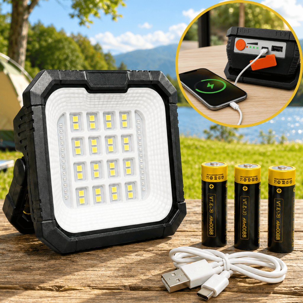 Lampião LED Solar Recarregável Powerbank Refletor Luz Forte USB Barraca Camping Lanterna Trabalho Acampamento Lamparina