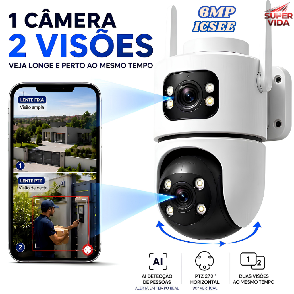 Câmera de Segurança WiFi 2 Lens Externa 6MP ICSEE Rastreamento Inteligente Luz Dupla Visão Noturna