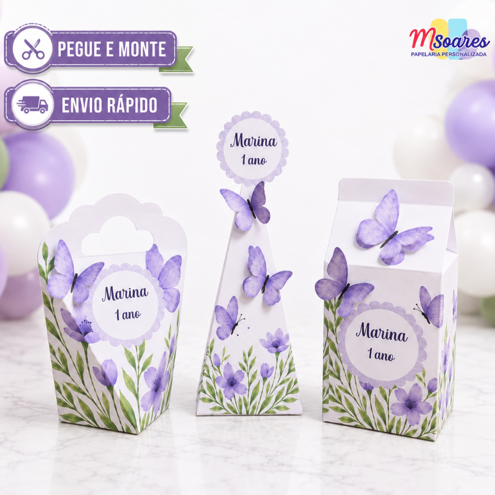 Kit Caixinhas Jardim das Borboletas Lilás – Lembrancinha Personalizada