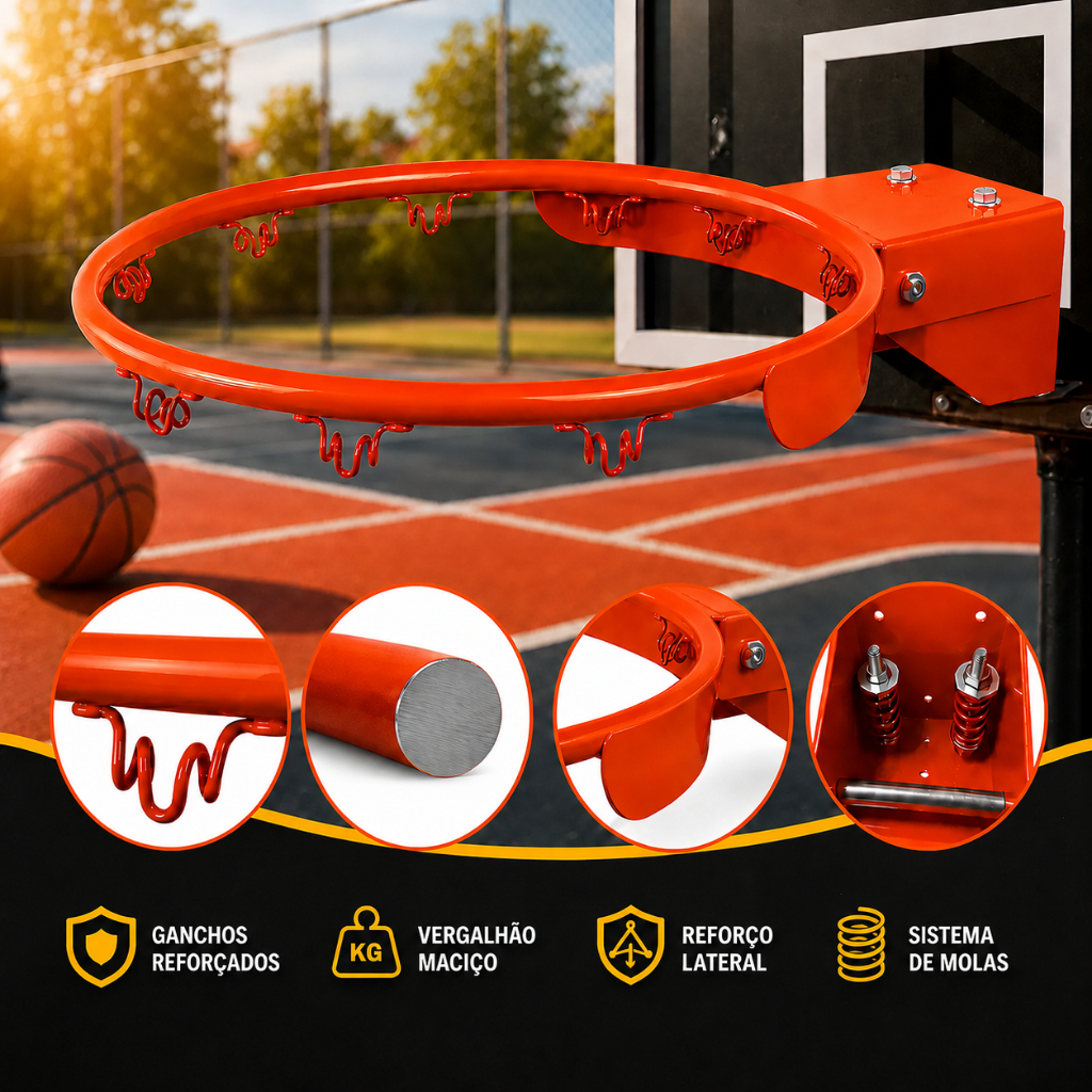 Aro De Basquete Com Molas Reforçado Para Enterradas Suporte Articulado Oficial Resistente