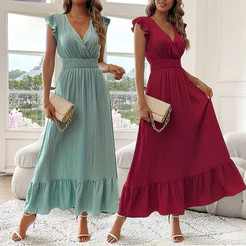 Vestido Longo Evangélico com Forro Gola V com Babado e Lastéx na Cintura para Festas e Casual
