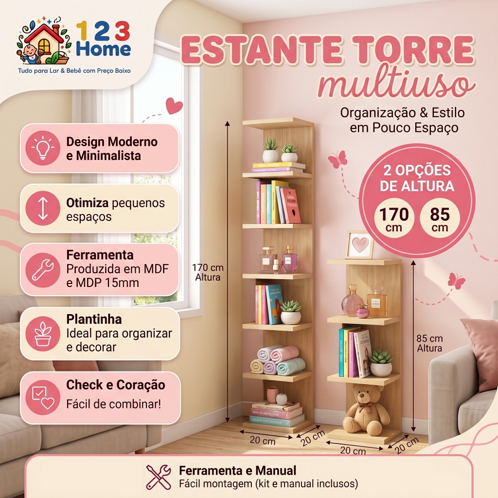 Estante Torre Multiuso 170 x 85 cm com Prateleiras para Sala, Quarto, Cozinha e Escritório