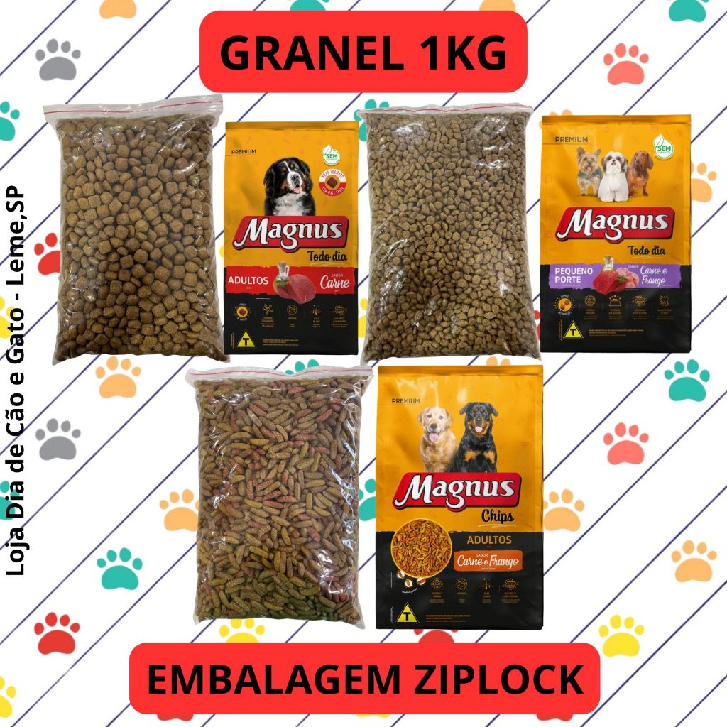 GRANEL 1KG CÃO - Ração Magnus Adultos, Pequeno Porte e Adultos Chips - Ração Premium para Cachorros