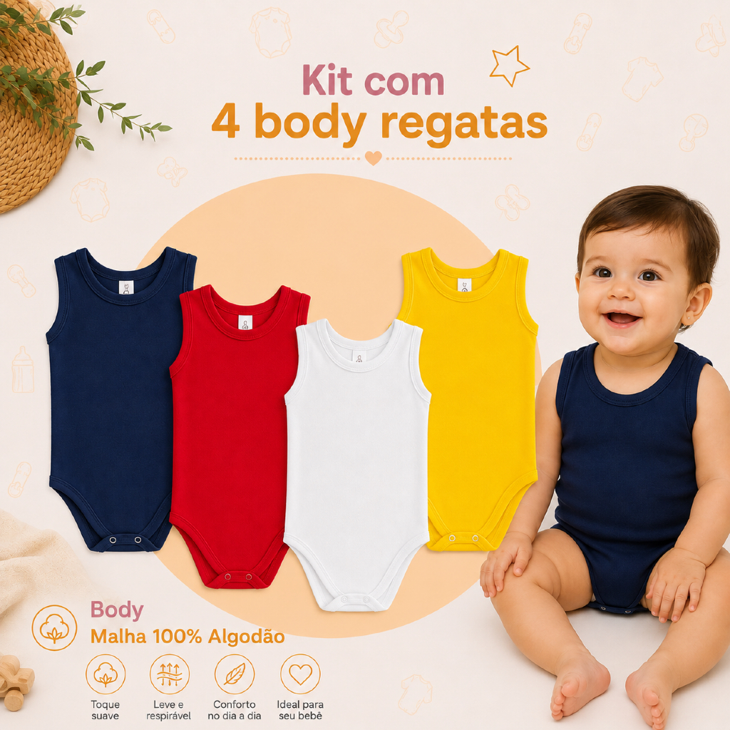 kit 4 Body Regatas Bebê Menino Menina Liso Estampado Verão Enxoval Camisetas Comfort 100% Algodão