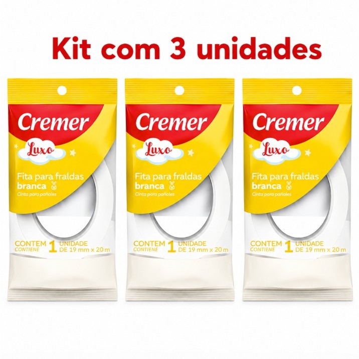Kit com 3 - Fita Adesiva Para Fralda de Pano Pequena Cremer Branca