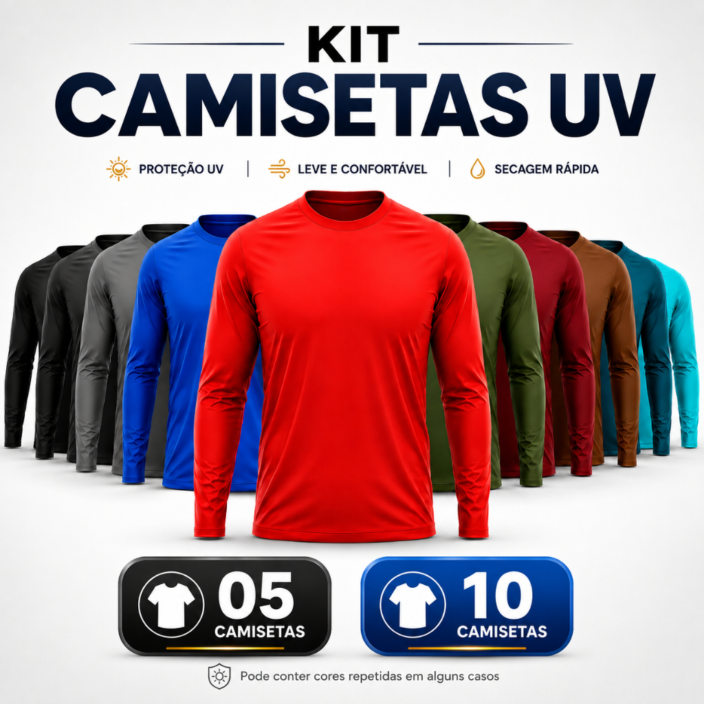Kit Com 5/10 Camiseta UV Proteção Térmica Solar Manga Longa TAM P Ao G3 Plus Size Cores Sortidas