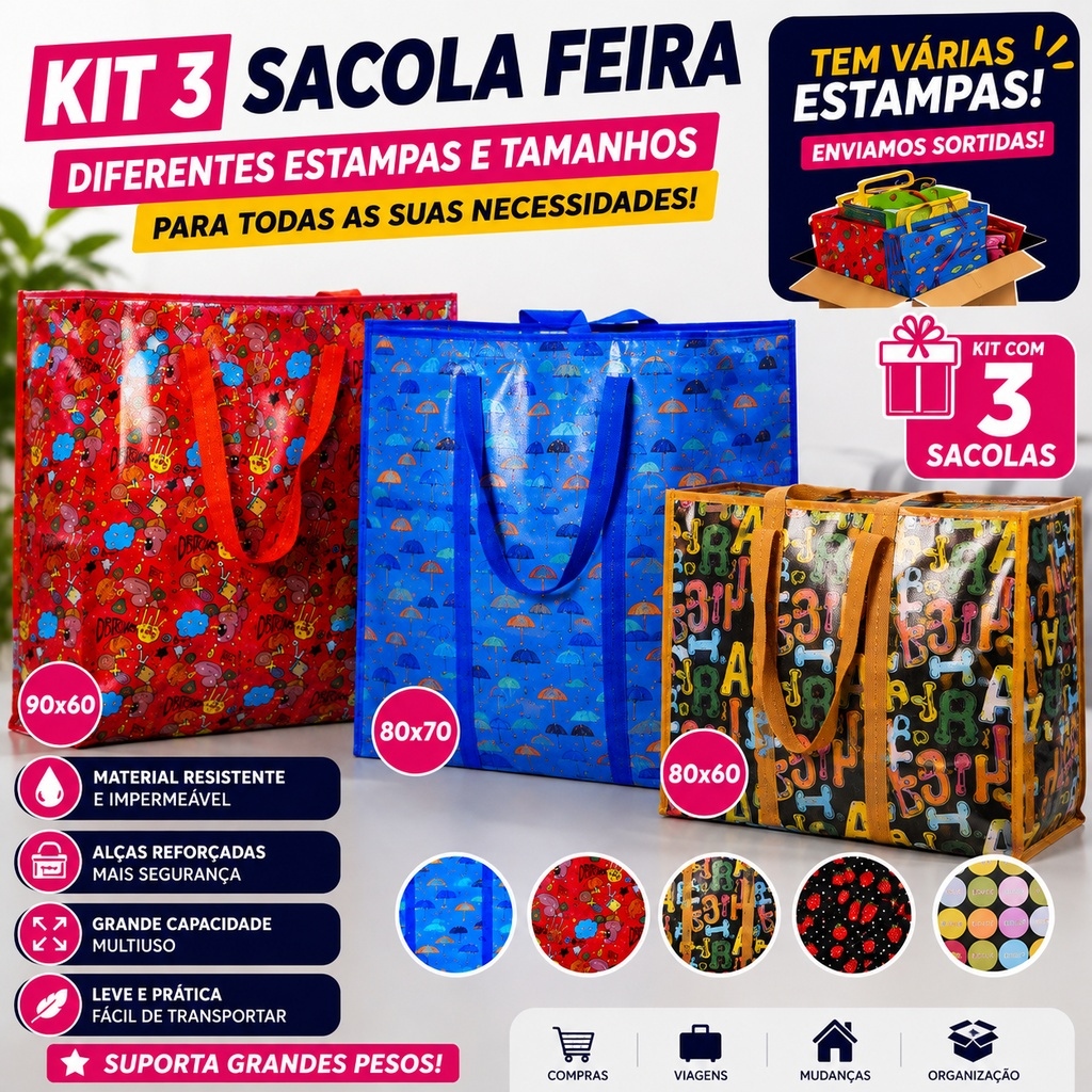 Kit 3 Sacolas de Feira Grande Zíper Impermeável Bolsa Sacoleira Resistente Viagens Compras Sortidas