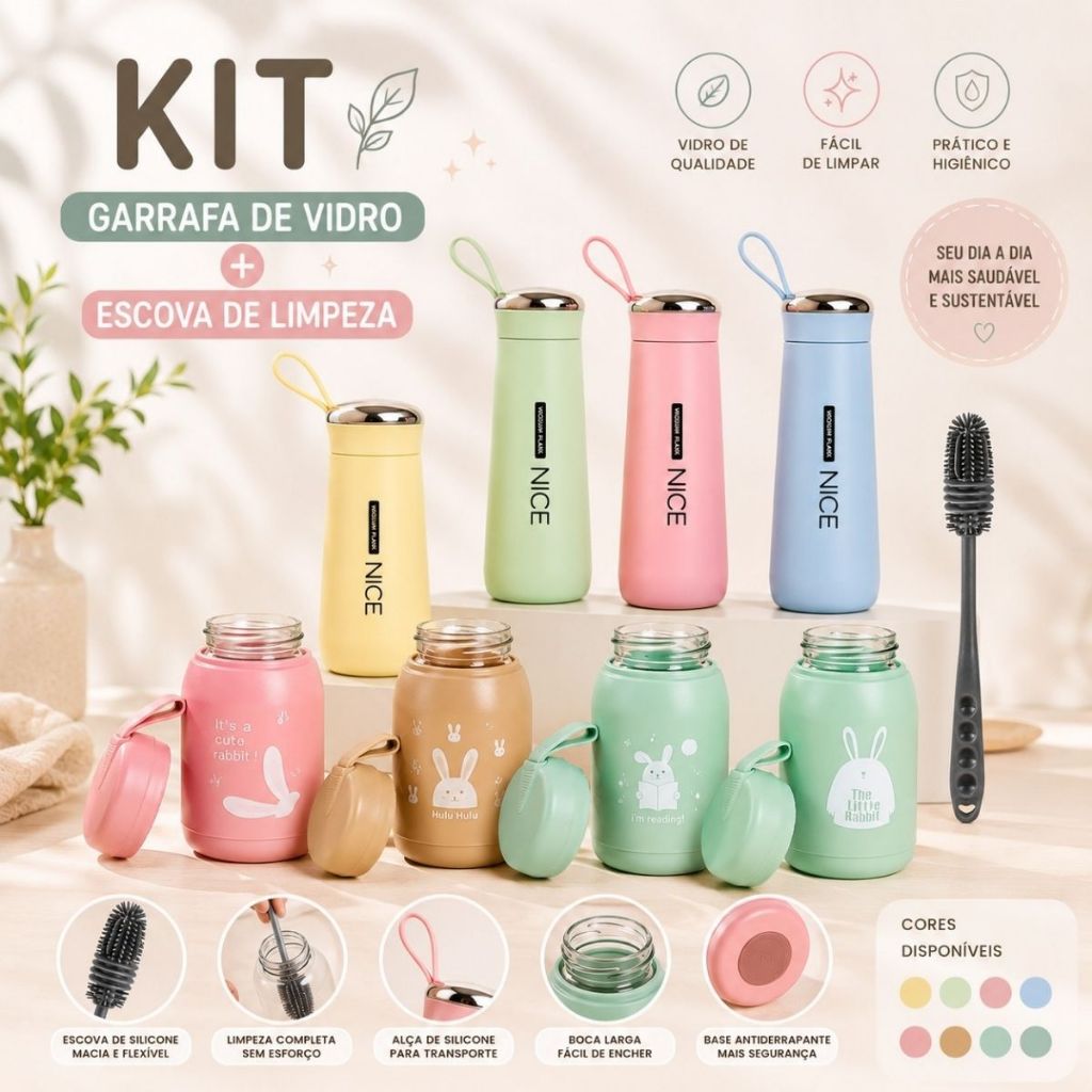 Kit Garrafa de Vidro com Tampa e Alça + Escova de Limpeza para Garrafa Squeeze Reutilizável