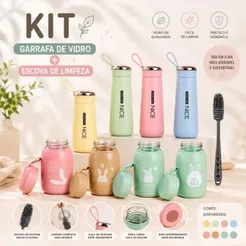 Kit Garrafa de Vidro com Tampa e Alça + Escova de Limpeza para Garrafa Squeeze Reutilizável