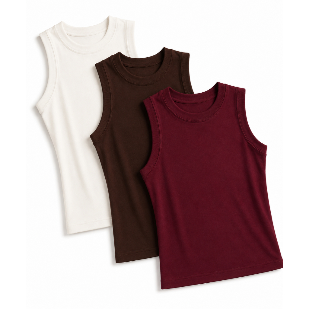 kit 3 Peças Regata Lisa Básica Canelada Gola Redonda Blusa Casual