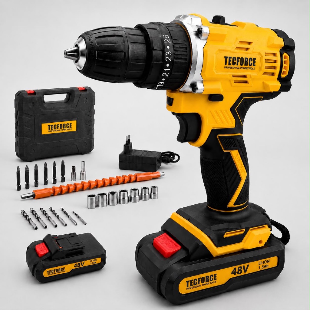 Parafusadeira Furadeira 48V Sem Fio 2 Baterias Kit Completo com Maleta e Brocas