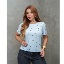 Blusa Feminina Manga Curta Estampa Laço com Strass Casual Elegante Verão SD4127