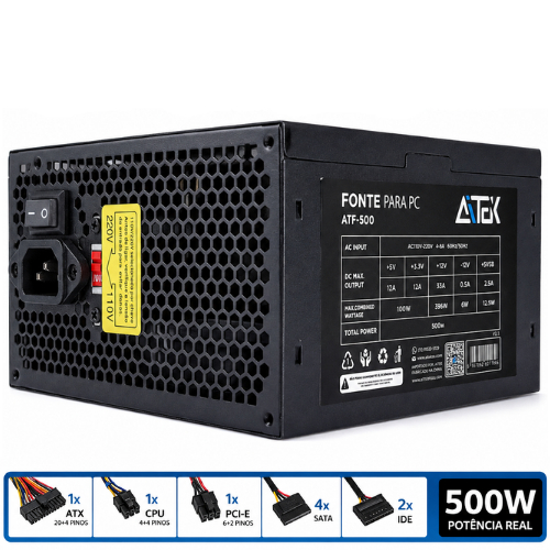 Fonte de Alimentação 500W para PC ATX AMD Intel com PCI-E 6+2 Pinos SATA IDE 120