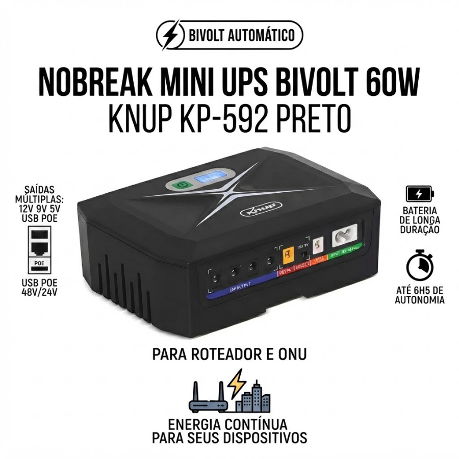 Nobreak Mini UPS Bivolt 60W Preto Knup KP-592 para Roteador e ONU Fonte de Segurança Automatico Roteador Sem Energia