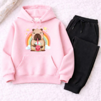 Conjunto Infantil Moletom Menina Capivara Agasalho com Capuz Canguru Feminino Blusa de Frio e Calça Capivara Arco Iris