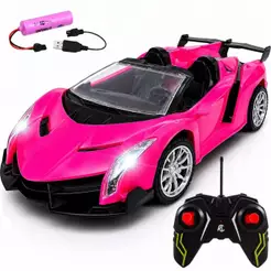 Carrinho de Controle Remoto Infantil Rosa Recarregável com Faróis LED Carro Esportivo RC