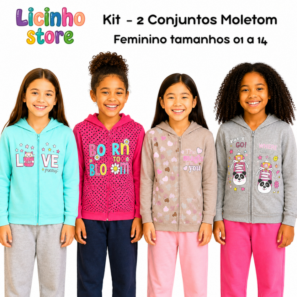 Kit 2 Conjuntos Moletom Menina Infantil Juvenil -Tam.1 ao14-  4 Peças =2 Blusas+2 Calças- Sortidos