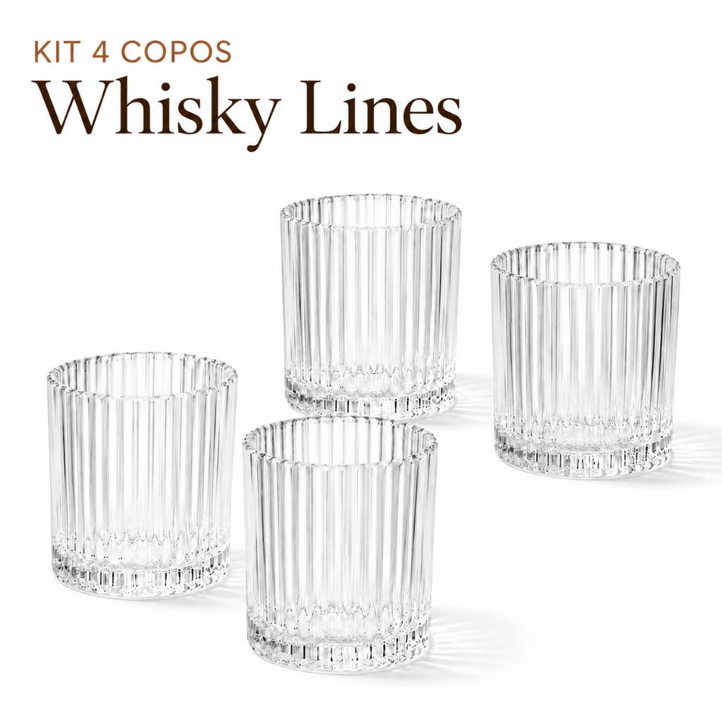 Jogo 4 Copos Baixos de Vidro Canelado 340ml Whisky Lines para Drink Água Suco Coquetel Bar e Festa