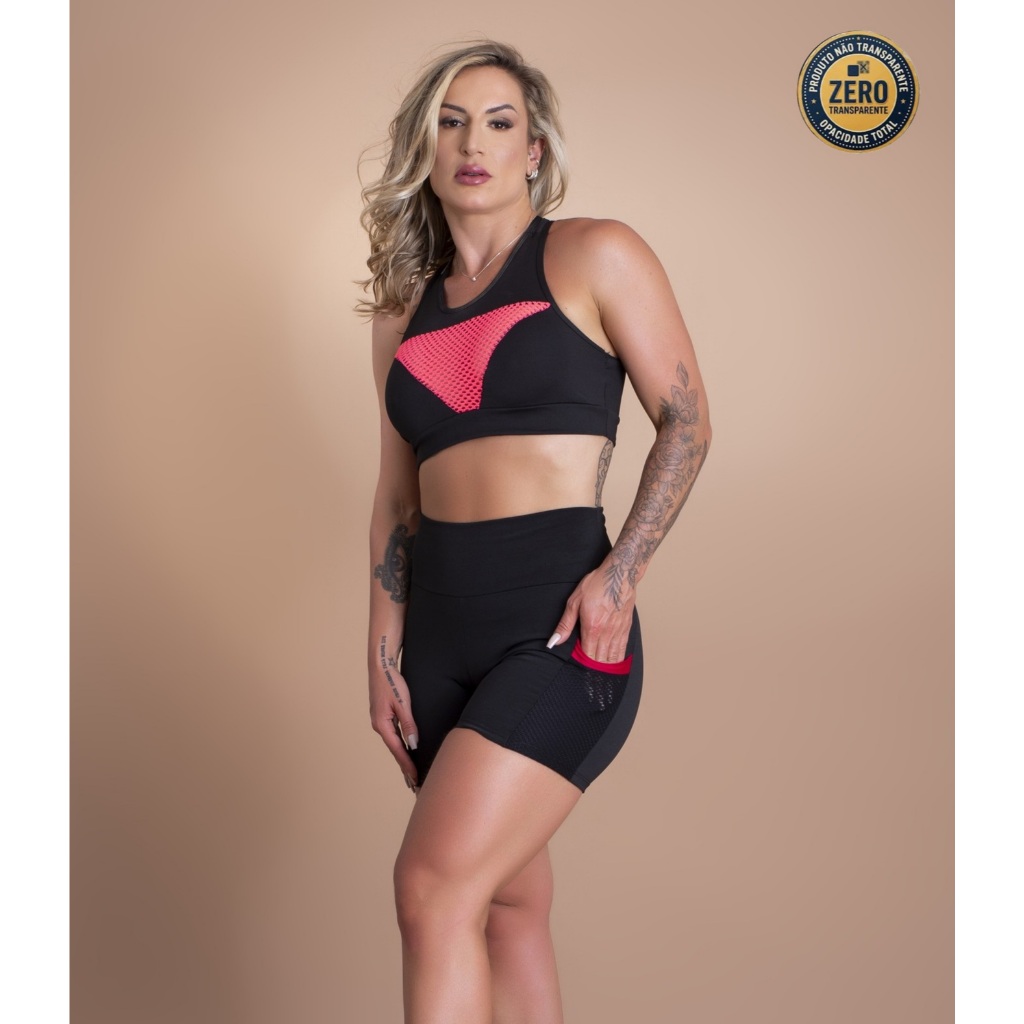 Conjunto Feminino Fitness Short Bolso Lateral E Top Tela Academia ZERO TRANSPARÊNCIA