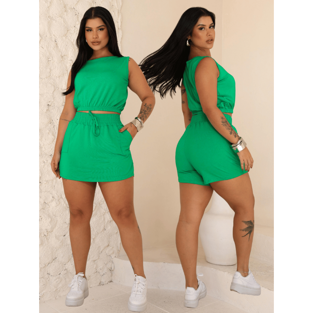 Conjunto Feminino Cropped Regata e Short Saia Moletinho Casual Confortável Moda Blogueira