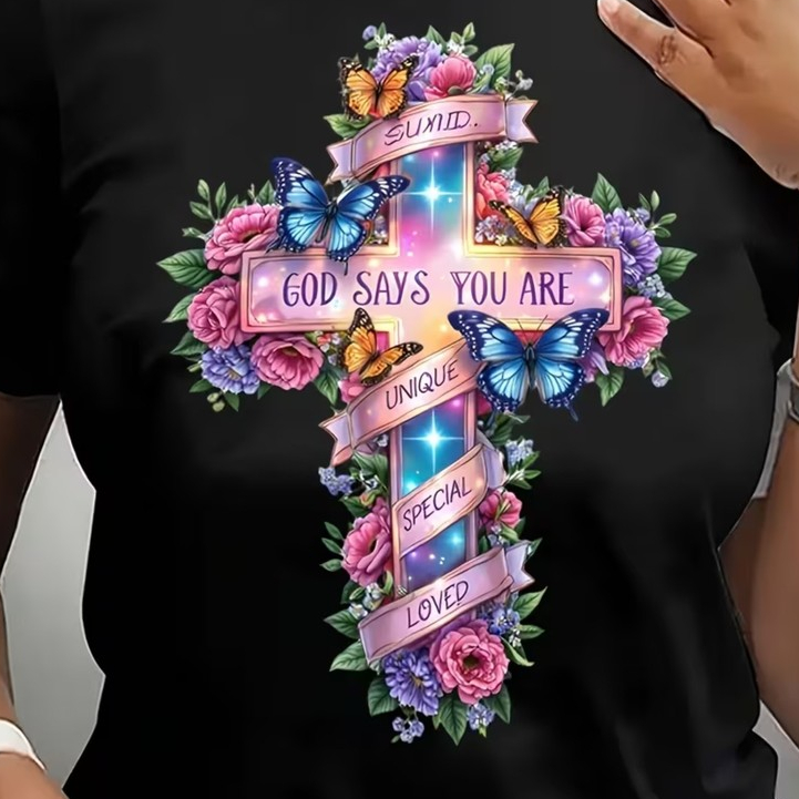 Camiseta Blusa Feminina Oversized Cruz Colorida com Rosas Estampada 100% Algodão Fé Cristã Religiosa