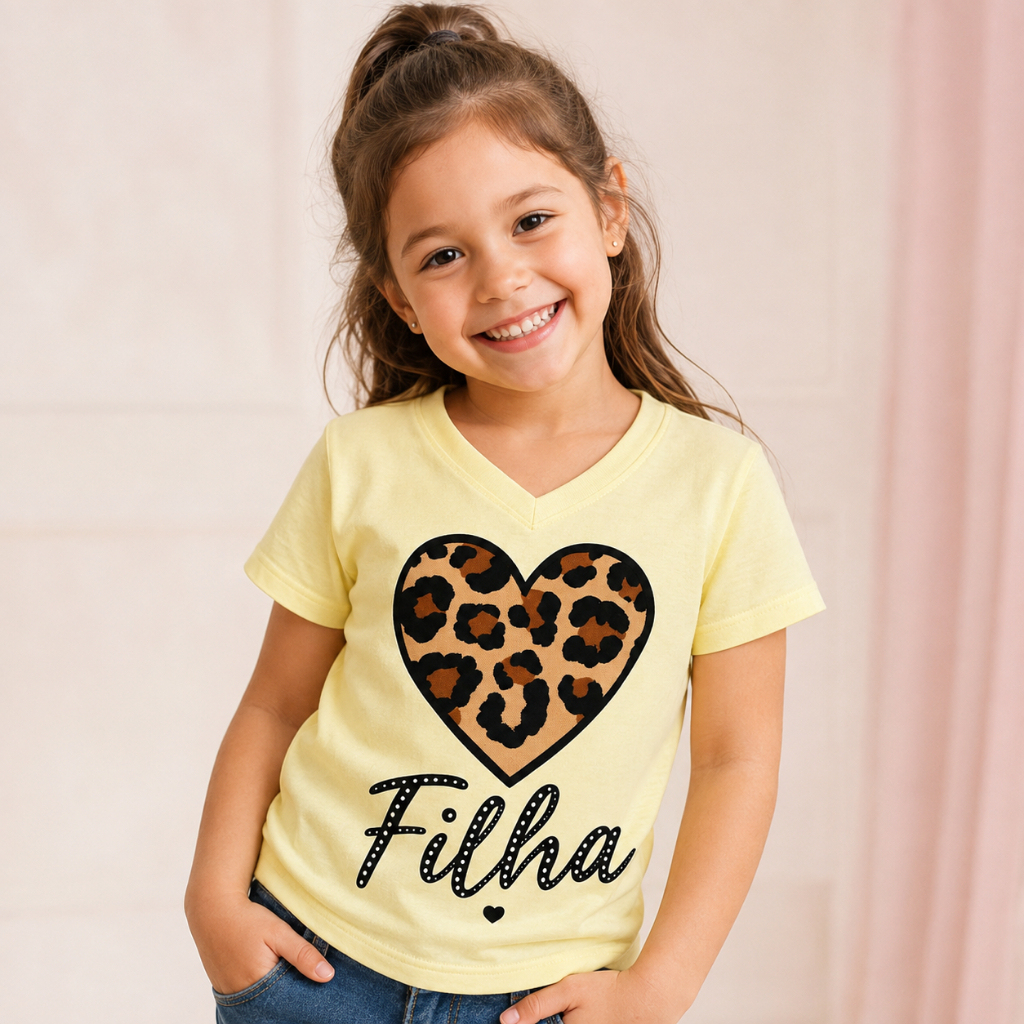 Camiseta Feminina Infantil Tshirt para menina Poliéster com Elastano estampada manga curta gola v confortável