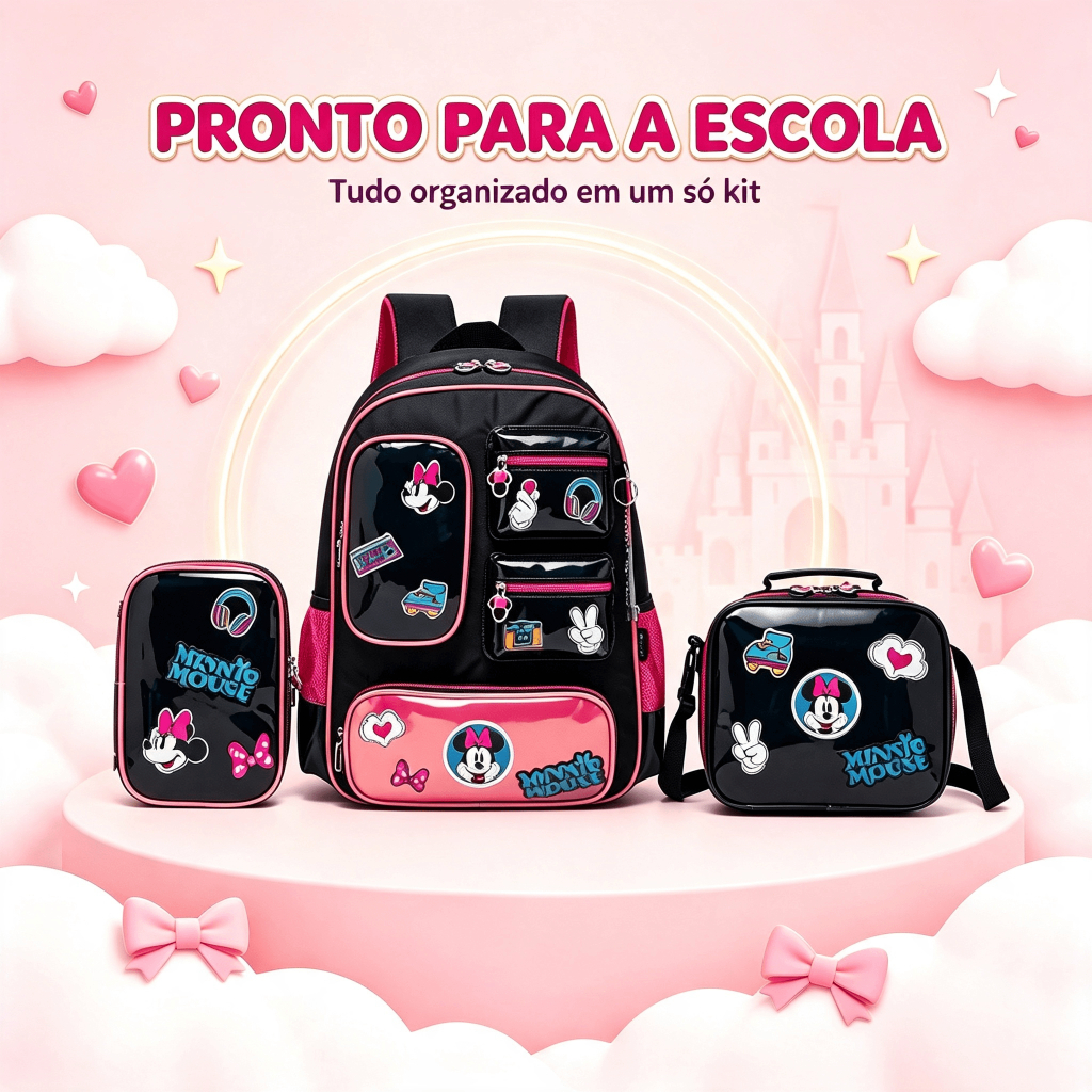 Kit Minnie Mochila Lancheira Estojo Escolar Rodinha Infantil Feminina Disney