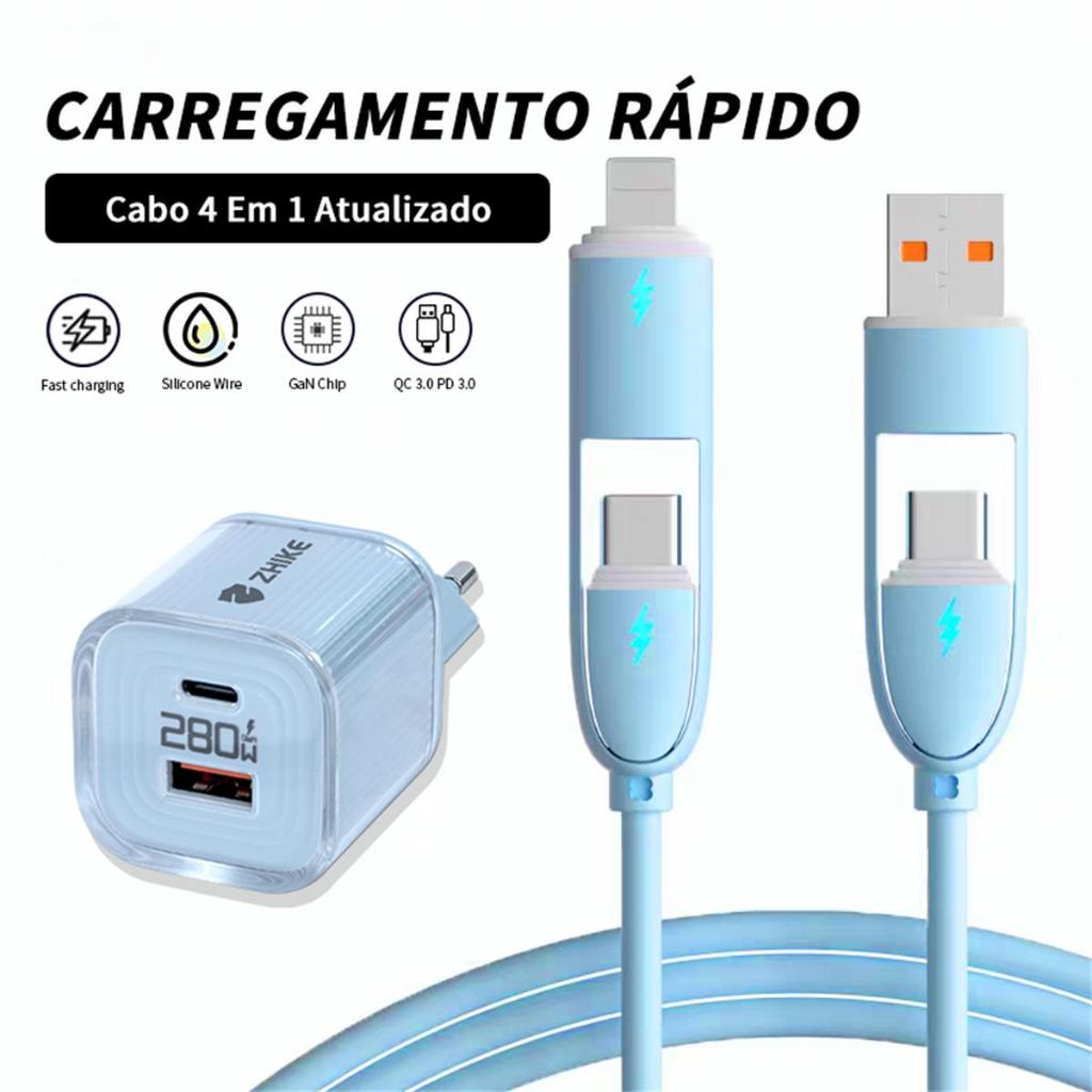 Kit Cabo Carregador Carregamento Rápido ZHIKE Adaptador GaN 4 em 1 USB-A Tipo C iP 1M Silicone