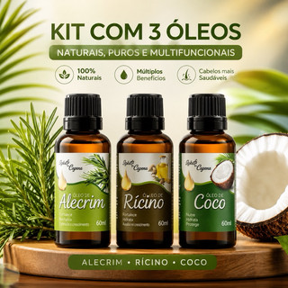 KIT 3 óleos 100% puro Terapia Capilar Cronograma Óleo de Coco + Ricino + Alecrim 60ml Tratamento Capilar