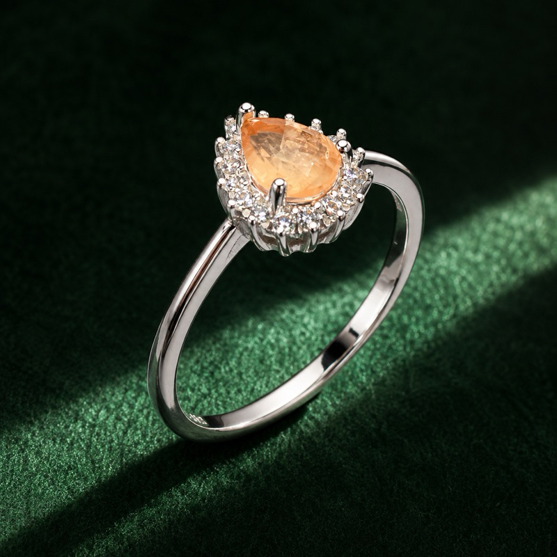 Anel Zircônia Laranja Gota Cravejado Prata 925 Feminino e Sofisticado