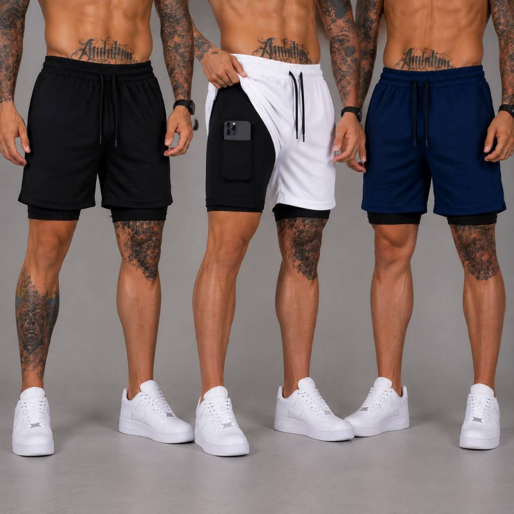 Shorts 2 em 1 P Até G2 Duplo Bermuda Academia Com Bolso Interno Treino
