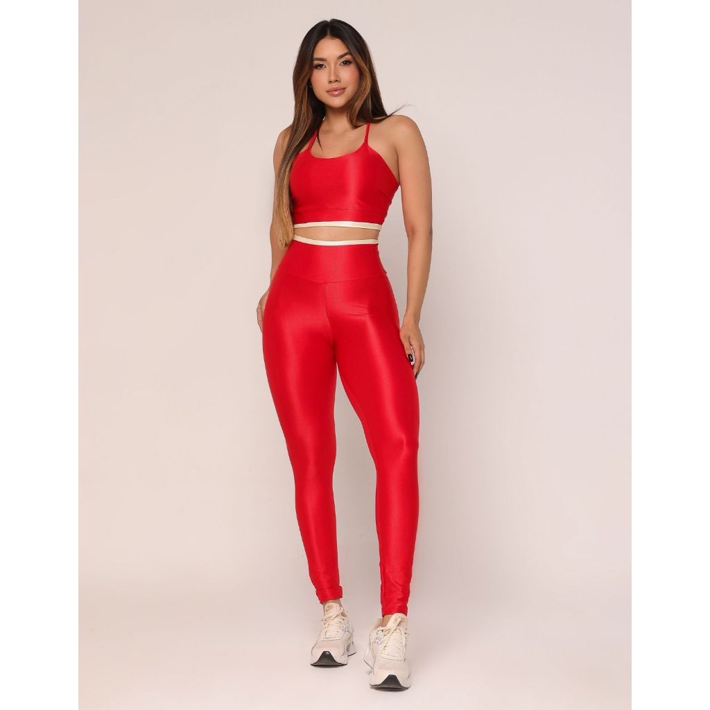Conjunto Fitness Feminino Canelado  Calça + top sem transparência  cós alto