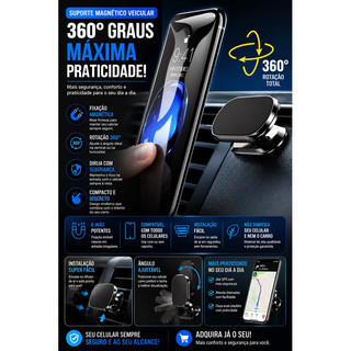 Suporte Veicular Celular Magnético 360° Carro Gps