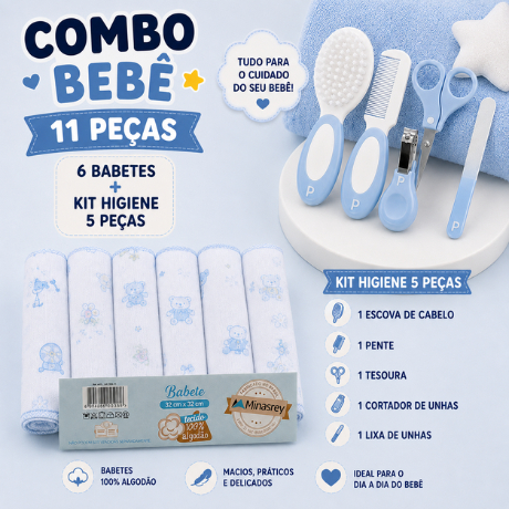 Kit Bebê 11 Peças 6 Babete Toalha 32x32cm + Kit Higiene Infantil 5 Peças Pente Escova Tesoura Cortador Lixa