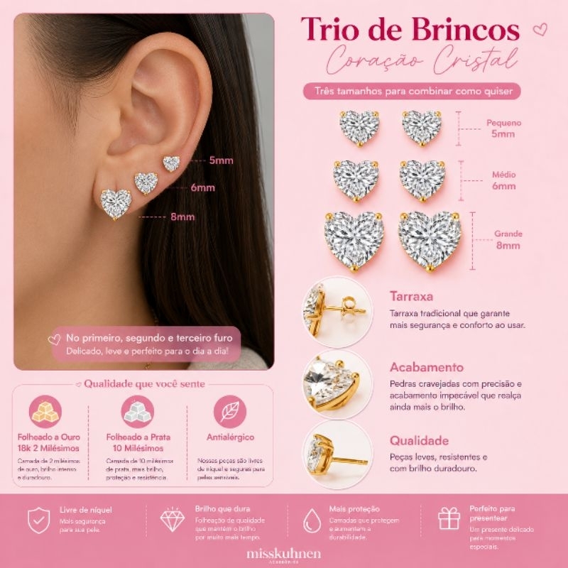 Trio de Brinco Folheado a Ouro 18k e Prata 925 Coração Cristal Antialérgico — imagem 2 de 2