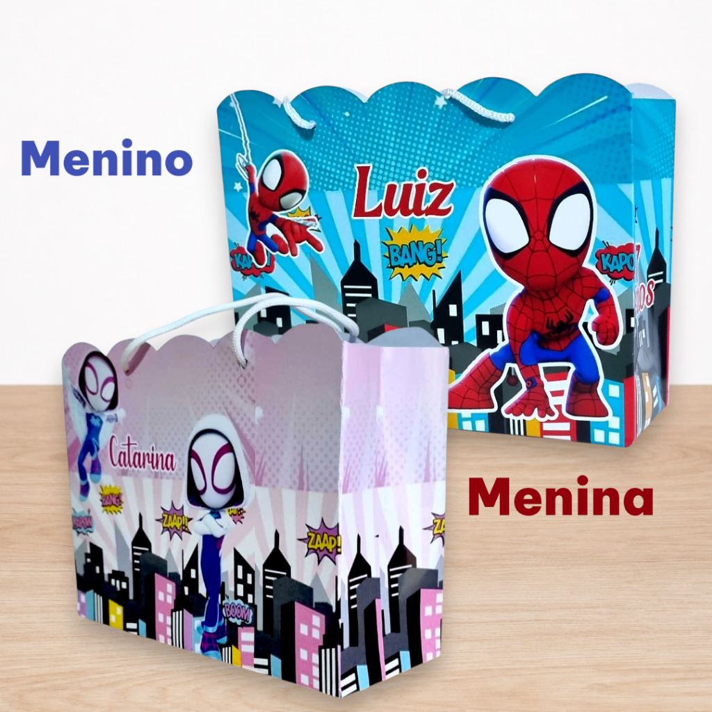10 Sacolinhas Surpresa M  Spider-Gwen  e Homem Aranha Lembrancinha Personalizada Festa Infantil Com Nome