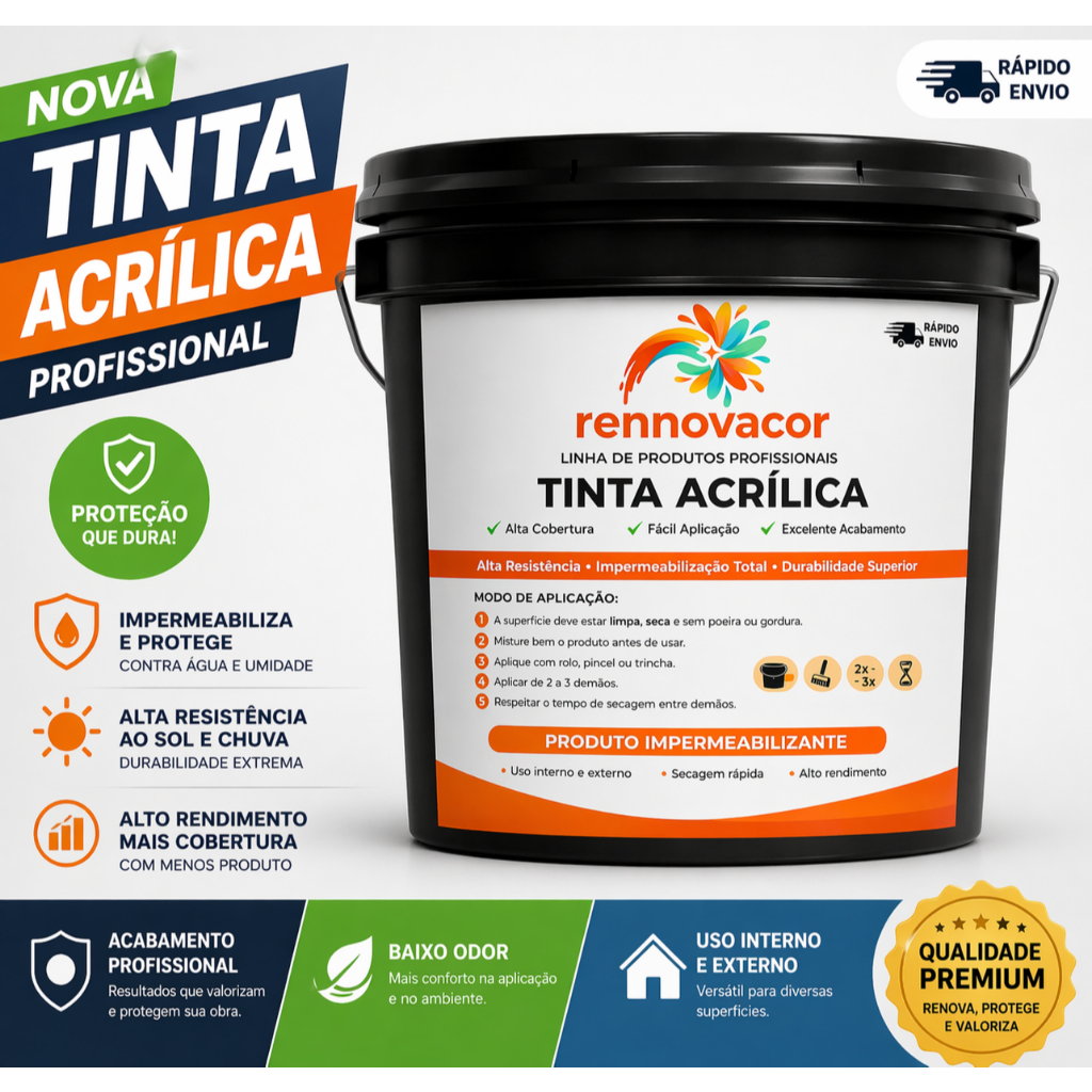 Tinta Acrílica Econômica Até 18Kg Alta Resistência Rendimento Anti-mofo Secagem Rápida Sem Cheiro