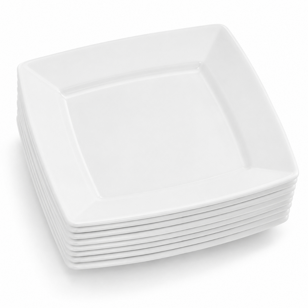 Kit 100 Pratos Quadrados Plástico Branco Simples Resistentes Refeições Festas Restaurantes