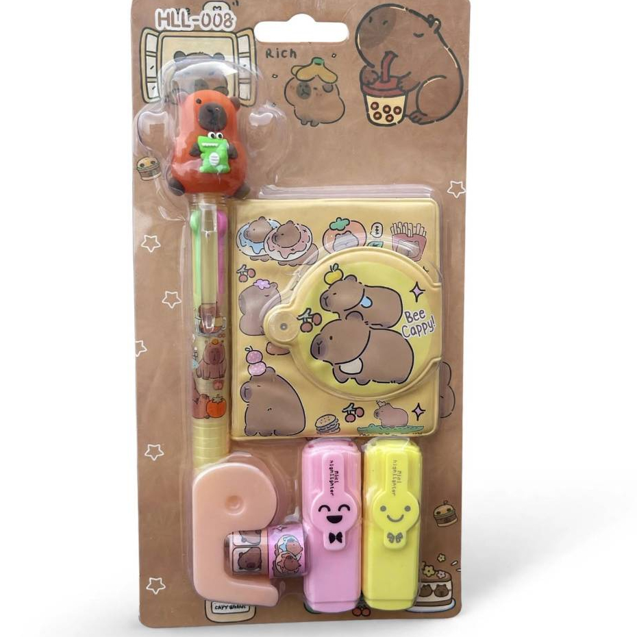 Kit Papelaria Tema Capivara e Stitch - Mini Bloco de Notas Fita Adesiva Caneta com 4 Cores Papelaria Fofa